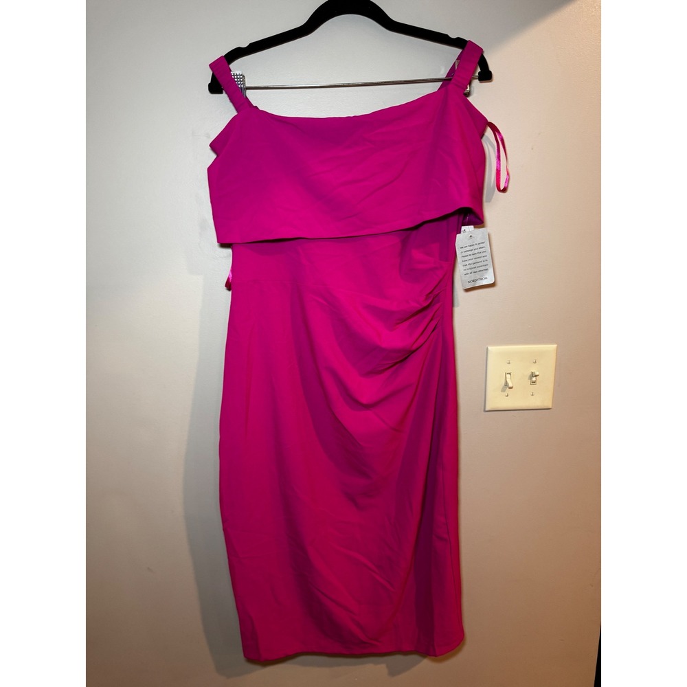 Marina Women Fuchsia Off The Shoulder Ruched Midi Sheath Dress 10 NEW